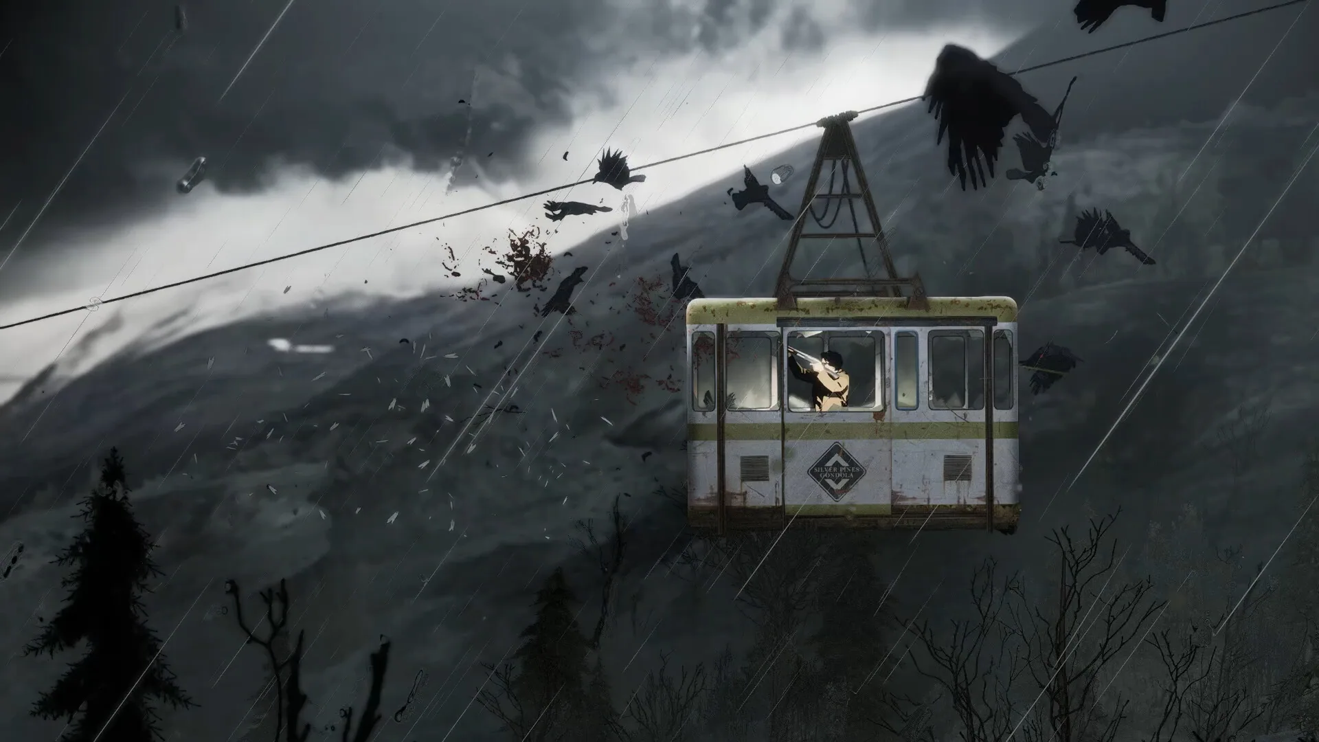 A gondola crossing through the woods in Silver Pines